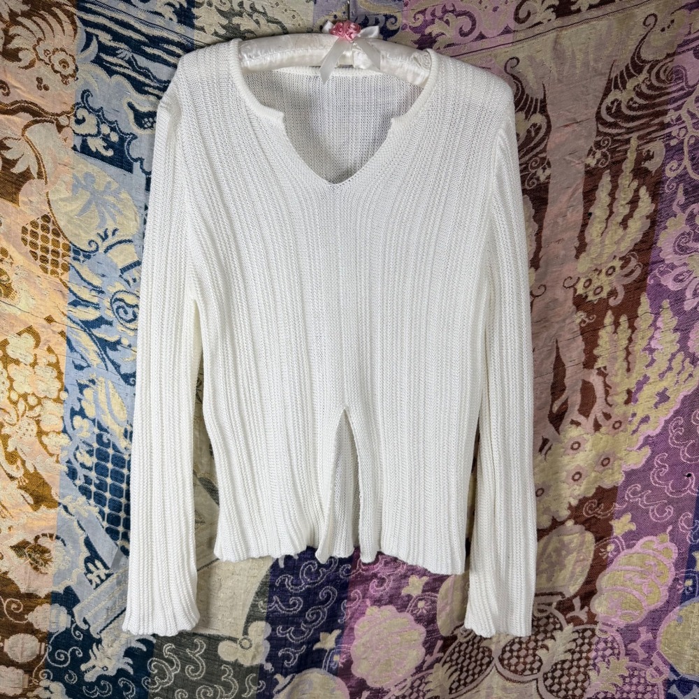 White Indie Boho Long Sleeve Ribbed Knit Coastal V Neck Sweater Size S